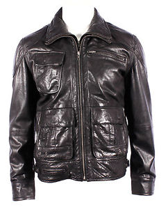 Homme Décontracté Noir Cuir Nappa Multi-poches Veste Motard