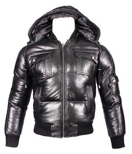 Homme Capuche Amovible Cuir Noir Puffa Veste Aviateur
