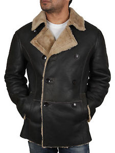 Brandslock Mens 100% Original Cuir Peau Mouton Veste Double Boutonnière Manteau