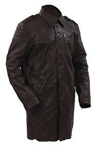 Infinity Homme Long Militaire Doux Délavé Cuir Brun Trench-coat