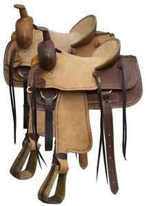 Roper Saddle with Rough Out Leather Basketweave Tooling FQHB 16" 2 Colors NEW