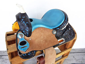14" TURQUOISE MadcoW WESTERN ROUGH OUT LEATHER HORSE BARREL RACING SADDLE TACK