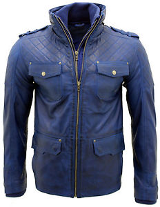 Homme Décontracté 100% Peau D'agneau Bleu Cuir Nappa Veste Matelassé