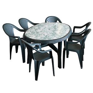 7TLG. GARTENGARNITUR SITZGRUPPE 165X110CM  OVAL + 6X STAPELSTUHL VOLLKUNSTSTOFF