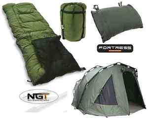 NGT Carp Fishing 2 Man Fortress Bivvy Tent + 5 Seasons Sleeping Bag + Pillow