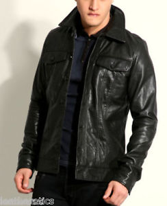 NEUF POUR HOMMES COUPE SLIM COUPE ÉTROITE VESTE CUIR POUR HAUT