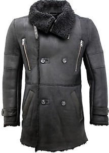 Pour Hommes Double Boutonnage Chaude Vrai Sheepksin Cuir Noir Reefer Manteau