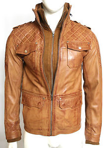 Dale Hommes Cognac Édredon Safari Rétro Décontracté Multi Poche Veste Cuir