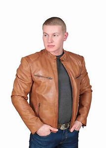 Hommes Veste Motard En Cuir Foster Tan Ajusté Longueur Taille Fermeture Éclair