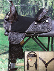 HILASON TREELESS WESTERN TRAIL BARREL RACING LEATHER SADDLE BRIDLE COLLAR SET 15