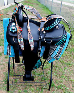 14" Western Cordura Trail Barrel Pleasure Horse SADDLE Bridle Turquoise 4945