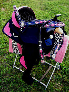 14" Western Cordura Trail Barrel Pleasure Horse SADDLE Bridle Tack Pink 4934