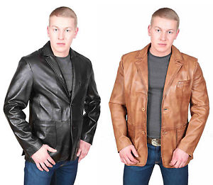 Cuir Pour Hommes Veste BLAZER Noir Bronzage Classique ajusté 2 Boutons