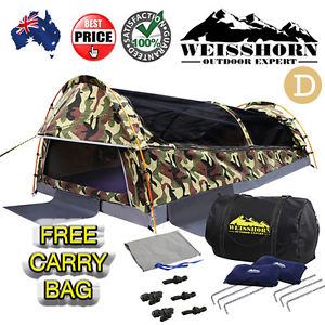 Double Camping Canvas Swag Sleeping Tent Green Camo Camouflage w/ Bag Air Pillow