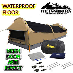 King Single Camping Canvas Swag Tent Beige PVC Waterproof w/ Air Pillow Travel