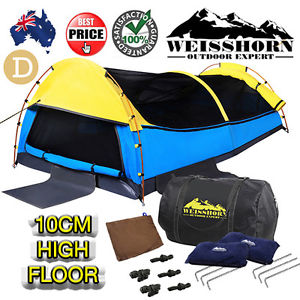 Yellow/Blue Canvas Camping Sleeping Swag Tent w/ Bag Air Pillows Heavy-Duty Camp