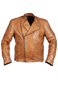 Hampton Hommes Décontracté Sans Col Retro Veste Motard 100% Bronzage Cuir Nappa