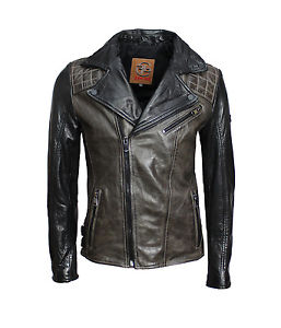 Homme Veste En Cuir, Motard Noir gris Reborn Attitude Slim Fit Cuir véritable