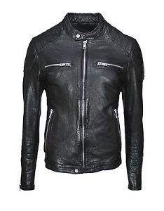 Homme Veste En Cuir, Motard Noir Gipsy Col Montant Cuir Véritable