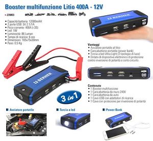 BERNER KIT AVVIATORE MULTIFUNZIONE BOOSTER AUTO MOTO USB PORTATILE TORCIA LED