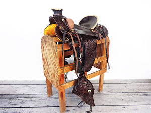 16" RAWHIDE WESTERN LEATHER HORSE WADE COWBOY RANCH ROPING SADDLE TACK TAPADERO