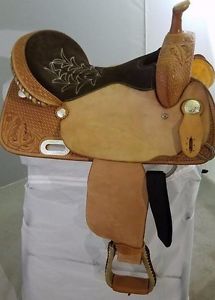 Double C Western Saddle, size: 15", Natural with Brown suede seat & Oak Tooling