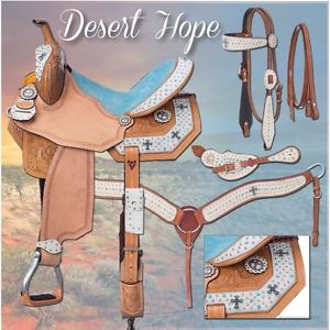 16 Inch Western Barrel Saddle Pkg - Desert Hope Motiff - White Hair - Blue Suede