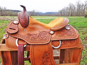 15" CLASSIC TOOLED LEATHER WESTERN HORSE COWBOY MONTANA RANCH TRAIL SADDLE TACK