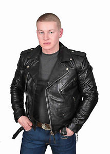 Hommes motard veste en cuir véritable noir ajusté avec ceinture classique
