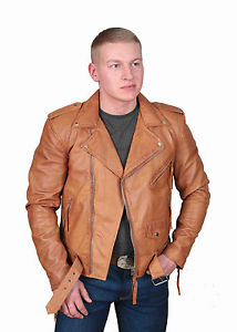 Hommes Motard Ajusté Veste En Véritable Cuir BRONZAGE Très Populaire Ceinture
