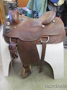 K Bar S Hand Made Roping Saddle Hand Tooled 15 1/2" Seat Used & Solid
