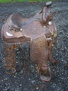 15.5" -16" Vintage Circle Y Tooled Leather & Silver Western Show Saddle
