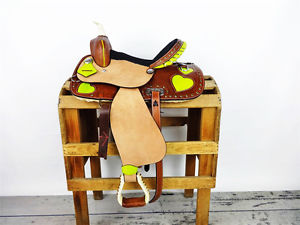 15" LIME GREEN HEART BLING ROUGH OUT HORSE LEATHER WESTERN RACER SADDLE TACK