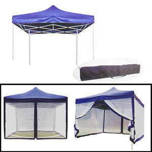 Foldable & Portable 10' x 10' Canopy w/ Mosquito Net Easy Up Blue Aluminum Legs