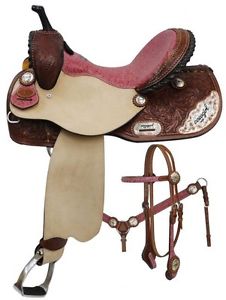 16" Barrel Racing Racer PINK COWGIRL UP Leather Saddle Bridle Breast Collar Set