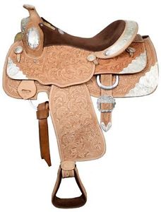 Double T Fully Tooled Western Pleasure Silver Show Saddle 16" Light Oil Leather