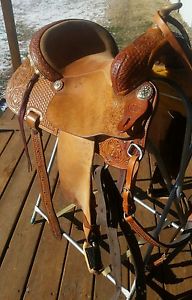 KO Trading Barrel saddle 15 inch seat aluminum stirrups matching breast collar