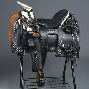 MEXICAN CHARRO HORSE RIDING LEATHER SADDLE 15" WITH BREAST COLLAR & SPUR STRAP