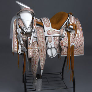 MEXICAN LEATHER CHARRO HORSE RIDING SADDLE 16" WITH HEADSTALL BREAST COLLAR