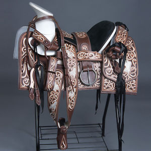 MEXICAN LEATHER CHARRO HORSE RIDING SADDLE 16" W/ HEADSTALL BREAST COLLAR