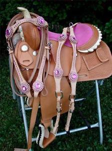 13" MED OIL PINK Bling Western PLEASURE SHOW SADDLE BARREL SHOWMAN Headstall BP