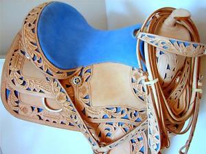 15" Natural w/ BLUE Cutout H Duty Western Trail Show Horse SADDLE Free 4 Pkg