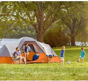 9 Person Extended Dome Tent camping air mattresses hook floor poles rain stakes
