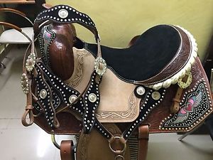 Western Natural Barrel Racer Embroidered Heart/Wing Matching Crystal 16" Saddle