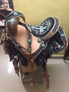 Western Natural Barrel Racer Cross Embroidered with Matching Crystal 16" Saddle