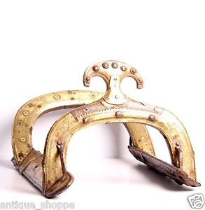  VINTAGE BRASS HORSE SADDLE SEAT RIDING FARM USED IRON AND BRASS FITTED-A-5272