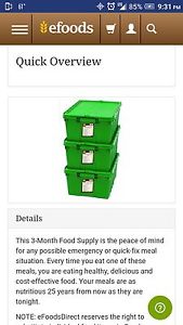 Efoods 3 month emergency vegetarian food supply.  Feeds 4. Bought at $675.