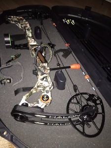 Mathews Halon 6 Compound Bow with rest, sight, release, arrows and case.