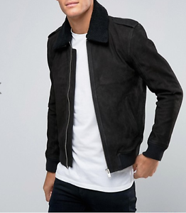 Selected L'homme Black Borg Colletto Pelle Flight Giacca Bomber Motociclista M