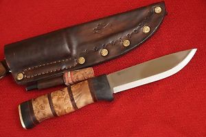 Helle GT Knife hand tooled Leather dangler sheath & ferro rod maple burl micarta